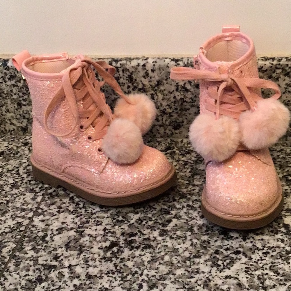 Glittery Pink Kids Boots with Pom Poms
